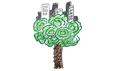 oil pastel drawing of a big tree with building raising from the top — a city sustained on greenery